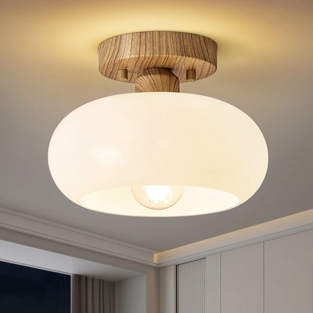 Main image of Mid-Century Modern Faux Wood Semi Flush Ceiling Light 8.66 Inch Mini White Glass Shade Close to Ceiling Lighting Fixture For Kitchen Entryway Hallway Bathroom Closet Bedroom Laundry Room