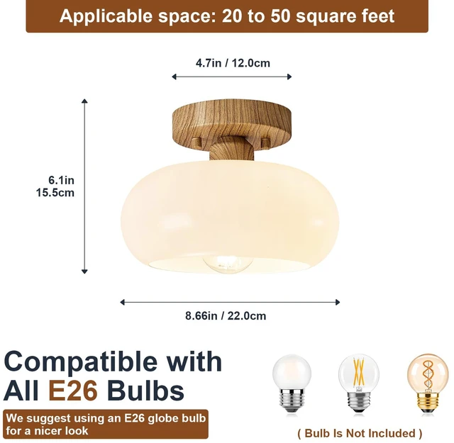 Alt view image 2 of 7 - Mid-Century Modern Faux Wood Semi Flush Ceiling Light 8.66 Inch Mini White Glass Shade Close to Ceiling Lighting Fixture For Kitchen Entryway Hallway Bathroom Closet Bedroom Laundry Room