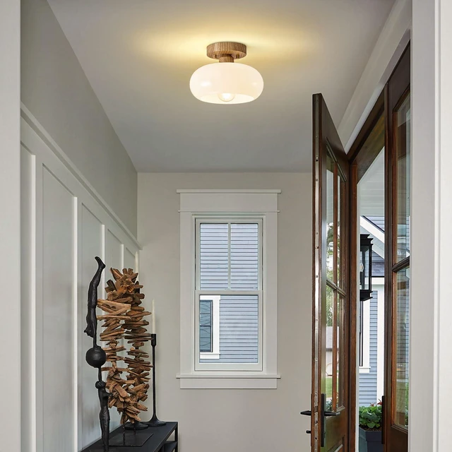 Alt view image 3 of 7 - Mid-Century Modern Faux Wood Semi Flush Ceiling Light 8.66 Inch Mini White Glass Shade Close to Ceiling Lighting Fixture For Kitchen Entryway Hallway Bathroom Closet Bedroom Laundry Room