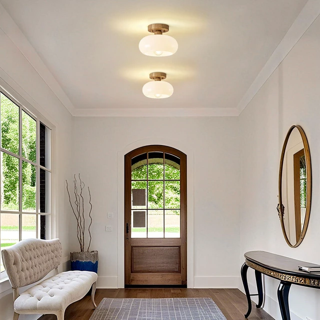Alt view image 4 of 7 - Mid-Century Modern Faux Wood Semi Flush Ceiling Light 8.66 Inch Mini White Glass Shade Close to Ceiling Lighting Fixture For Kitchen Entryway Hallway Bathroom Closet Bedroom Laundry Room