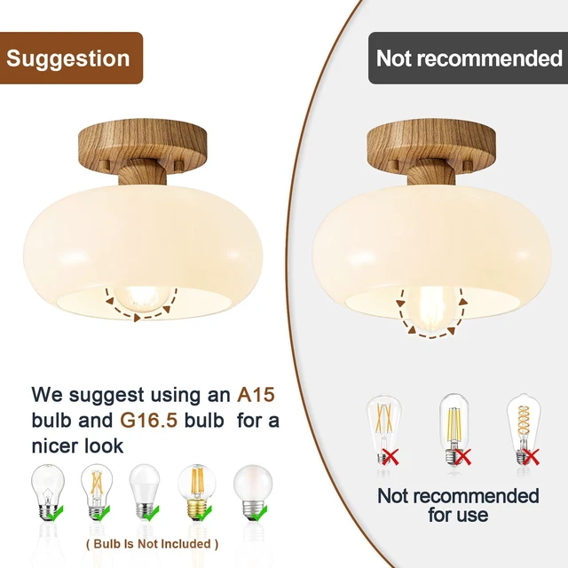 Alt view image 5 of 7 - Mid-Century Modern Faux Wood Semi Flush Ceiling Light 8.66 Inch Mini White Glass Shade Close to Ceiling Lighting Fixture For Kitchen Entryway Hallway Bathroom Closet Bedroom Laundry Room