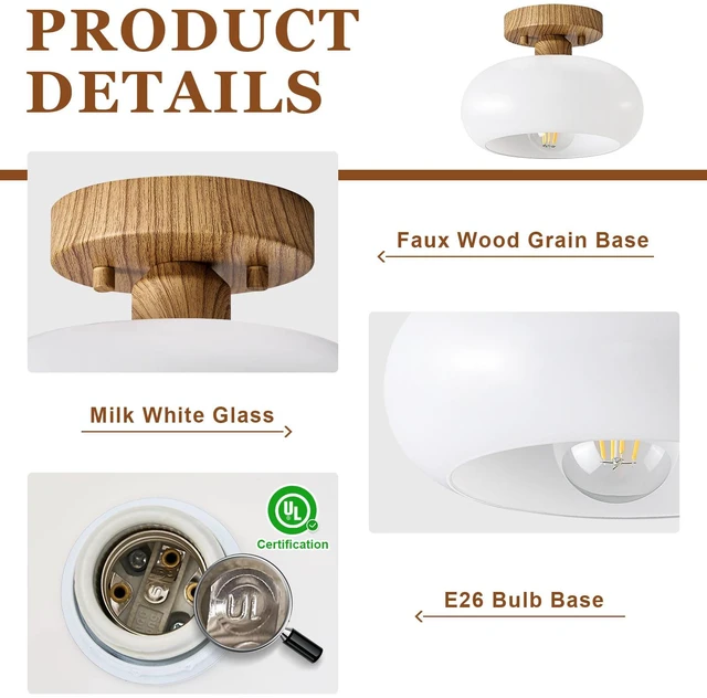 Alt view image 6 of 7 - Mid-Century Modern Faux Wood Semi Flush Ceiling Light 8.66 Inch Mini White Glass Shade Close to Ceiling Lighting Fixture For Kitchen Entryway Hallway Bathroom Closet Bedroom Laundry Room