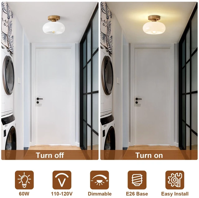 Alt view image 7 of 7 - Mid-Century Modern Faux Wood Semi Flush Ceiling Light 8.66 Inch Mini White Glass Shade Close to Ceiling Lighting Fixture For Kitchen Entryway Hallway Bathroom Closet Bedroom Laundry Room