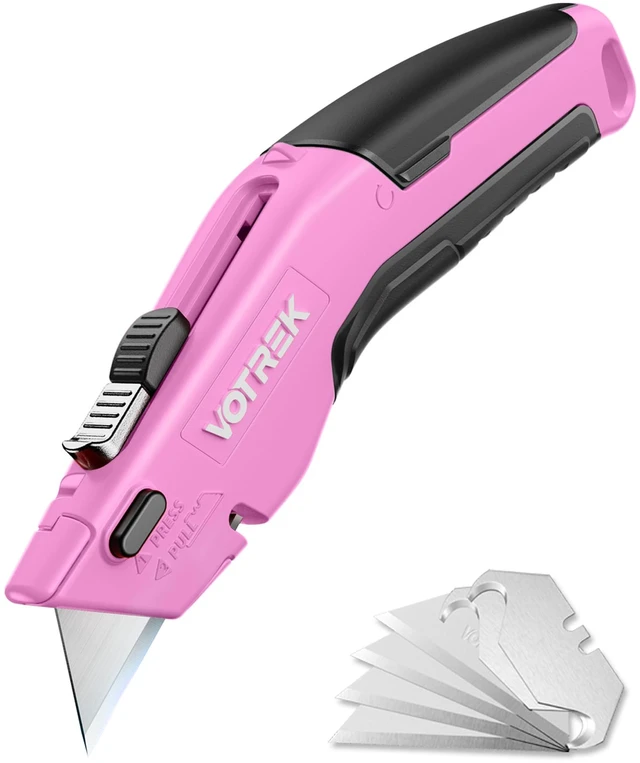 Main image of ® Box Cutter Utility Knife, 2-in-1 Safety Retractable Box Cutter for Women, Quick Change Razor Knife for Home, Office & DIY, Blade Storage Design, with Extra Sharp Razor & Hook Blades (Pink)