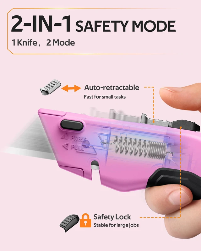Alt view image 2 of 7 - ® Box Cutter Utility Knife, 2-in-1 Safety Retractable Box Cutter for Women, Quick Change Razor Knife for Home, Office & DIY, Blade Storage Design, with Extra Sharp Razor & Hook Blades (Pink)