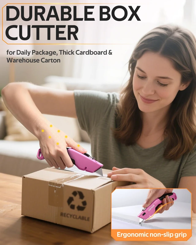 Alt view image 3 of 7 - ® Box Cutter Utility Knife, 2-in-1 Safety Retractable Box Cutter for Women, Quick Change Razor Knife for Home, Office & DIY, Blade Storage Design, with Extra Sharp Razor & Hook Blades (Pink)