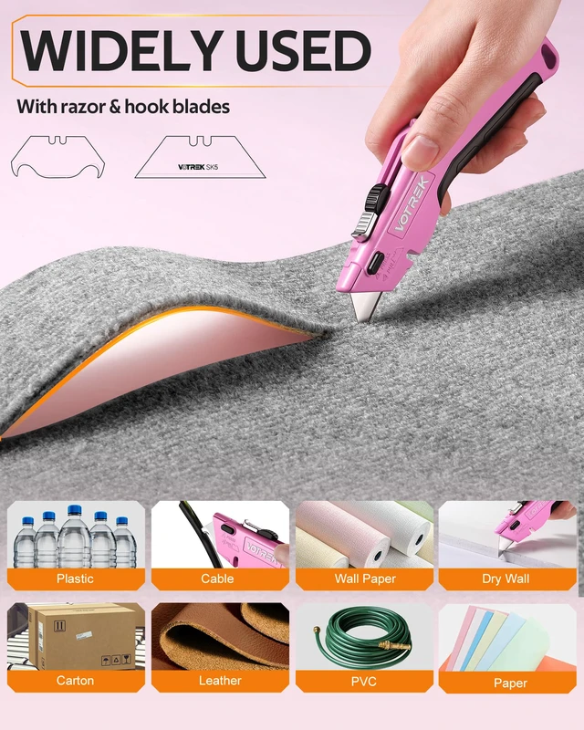 Alt view image 4 of 7 - ® Box Cutter Utility Knife, 2-in-1 Safety Retractable Box Cutter for Women, Quick Change Razor Knife for Home, Office & DIY, Blade Storage Design, with Extra Sharp Razor & Hook Blades (Pink)