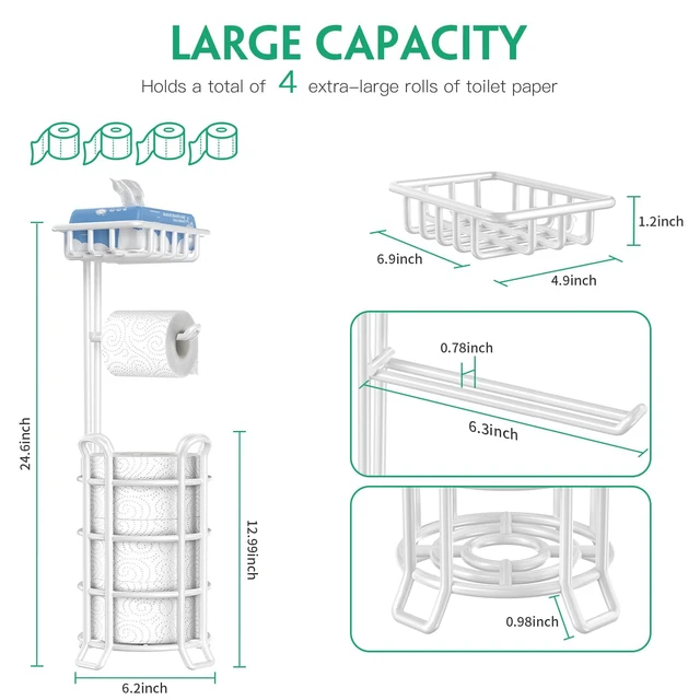 Alt view image 2 of 7 - Toilet Paper Holder Free Standing with Shelf, Stable 4 Raised Feet Stores 4 Mega Rolls, Tool-Free Assembly, Powder-Coated Metal Frame, Bathroom Storage Organizer for Spare Rolls, White