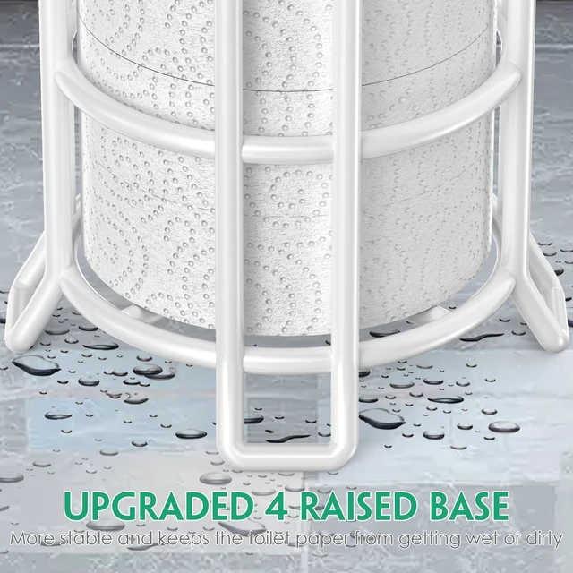 Alt view image 4 of 7 - Toilet Paper Holder Free Standing with Shelf, Stable 4 Raised Feet Stores 4 Mega Rolls, Tool-Free Assembly, Powder-Coated Metal Frame, Bathroom Storage Organizer for Spare Rolls, White