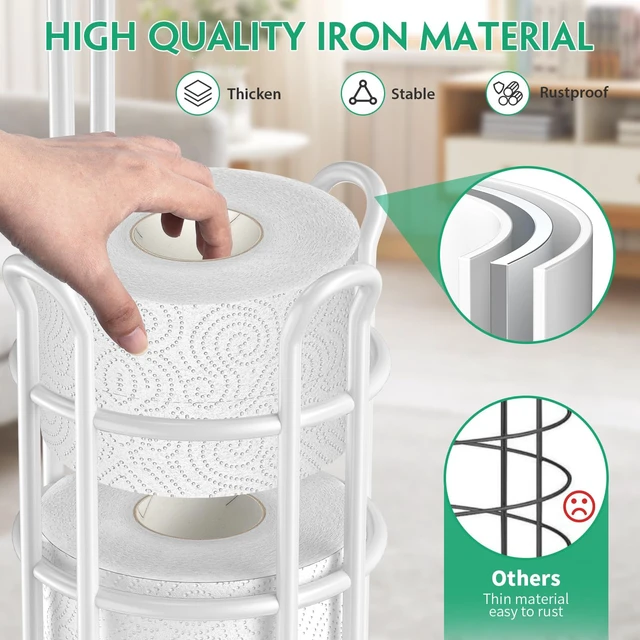 Alt view image 3 of 7 - Toilet Paper Holder Free Standing with Shelf, Stable 4 Raised Feet Stores 4 Mega Rolls, Tool-Free Assembly, Powder-Coated Metal Frame, Bathroom Storage Organizer for Spare Rolls, White