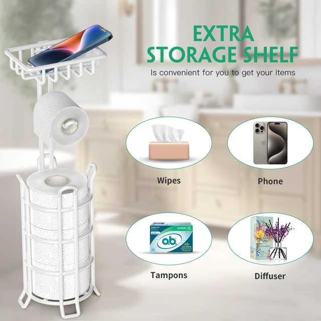 Alt view image 5 of 7 - Toilet Paper Holder Free Standing with Shelf, Stable 4 Raised Feet Stores 4 Mega Rolls, Tool-Free Assembly, Powder-Coated Metal Frame, Bathroom Storage Organizer for Spare Rolls, White