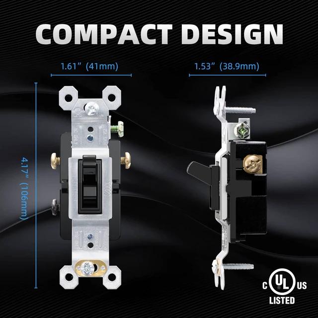 Alt view image 7 of 7 - 3 Way Toggle Light Switch, 15 Amp, 120 V, Toggle Framed AC Quiet Switch, in Wall On/Off Switch Replacement, Self-Grounding, Residential and Commercial Grade, UL Listed (20 Pack, Glossy Black)