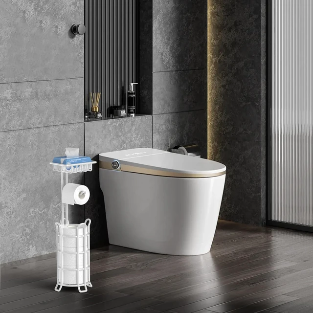 Alt view image 7 of 7 - Toilet Paper Holder Free Standing with Shelf, Stable 4 Raised Feet Stores 4 Mega Rolls, Tool-Free Assembly, Powder-Coated Metal Frame, Bathroom Storage Organizer for Spare Rolls, White