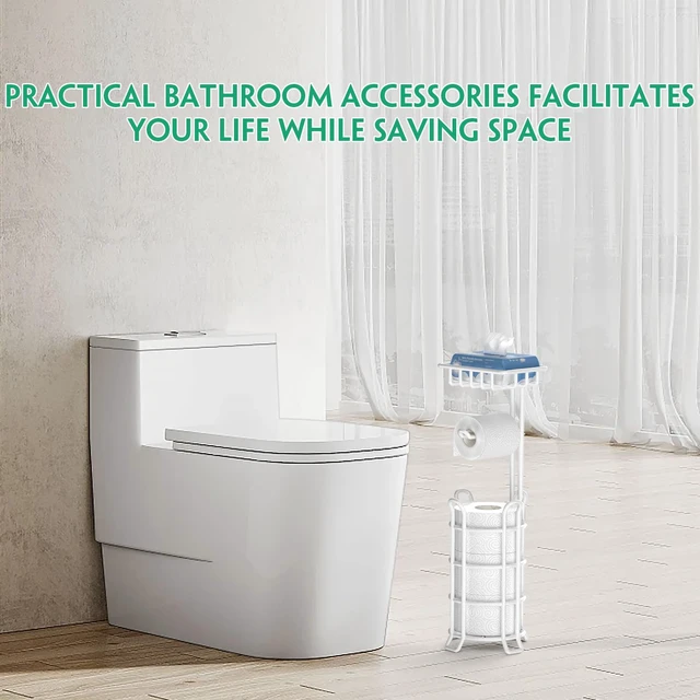 Alt view image 6 of 7 - Toilet Paper Holder Free Standing with Shelf, Stable 4 Raised Feet Stores 4 Mega Rolls, Tool-Free Assembly, Powder-Coated Metal Frame, Bathroom Storage Organizer for Spare Rolls, White