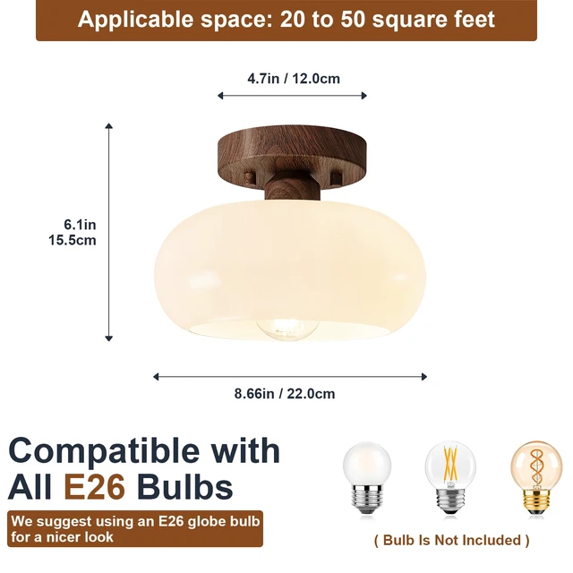 Alt view image 2 of 7 - Mid-Century Modern Faux Walnut Wood Semi Flush Ceiling Light 8.66 Inch Mini White Glass Shade Close to Ceiling Lighting Fixture For Kitchen Entryway Hallway Bathroom Closet Bedroom Laundry Room