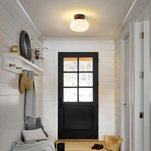 Alt view image 3 of 7 - Mid-Century Modern Faux Walnut Wood Semi Flush Ceiling Light 8.66 Inch Mini White Glass Shade Close to Ceiling Lighting Fixture For Kitchen Entryway Hallway Bathroom Closet Bedroom Laundry Room
