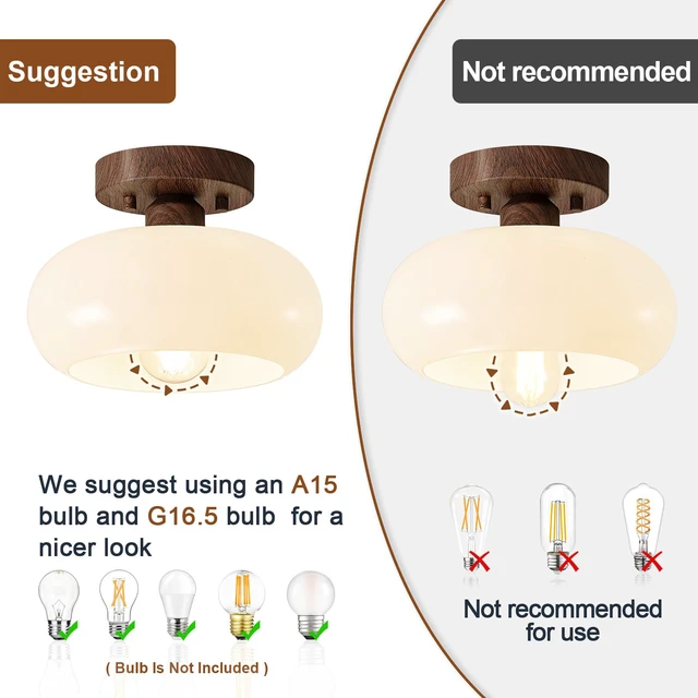 Alt view image 4 of 7 - Mid-Century Modern Faux Walnut Wood Semi Flush Ceiling Light 8.66 Inch Mini White Glass Shade Close to Ceiling Lighting Fixture For Kitchen Entryway Hallway Bathroom Closet Bedroom Laundry Room