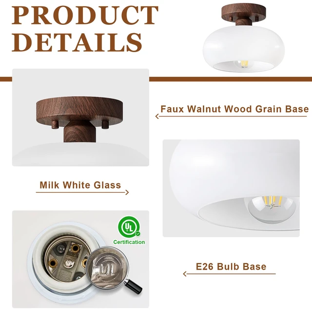 Alt view image 5 of 7 - Mid-Century Modern Faux Walnut Wood Semi Flush Ceiling Light 8.66 Inch Mini White Glass Shade Close to Ceiling Lighting Fixture For Kitchen Entryway Hallway Bathroom Closet Bedroom Laundry Room
