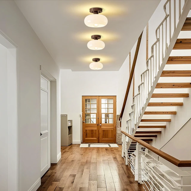 Alt view image 7 of 7 - Mid-Century Modern Faux Walnut Wood Semi Flush Ceiling Light 8.66 Inch Mini White Glass Shade Close to Ceiling Lighting Fixture For Kitchen Entryway Hallway Bathroom Closet Bedroom Laundry Room