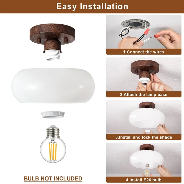 Alt view image 6 of 7 - Mid-Century Modern Faux Walnut Wood Semi Flush Ceiling Light 8.66 Inch Mini White Glass Shade Close to Ceiling Lighting Fixture For Kitchen Entryway Hallway Bathroom Closet Bedroom Laundry Room