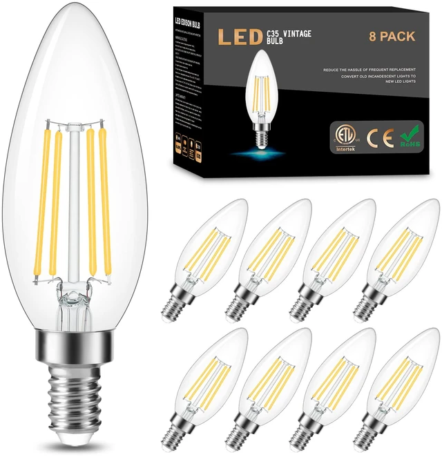 Main image of 8 Pack Dimmable E12 LED Candelabra Bulb 4000K Natural Daylight 60W 600LM, CRI 85+, AC 120V, Type B Bulb for Chandeliers, Ceiling Fans, Clear Glass Candle Shape, Vintage Filament