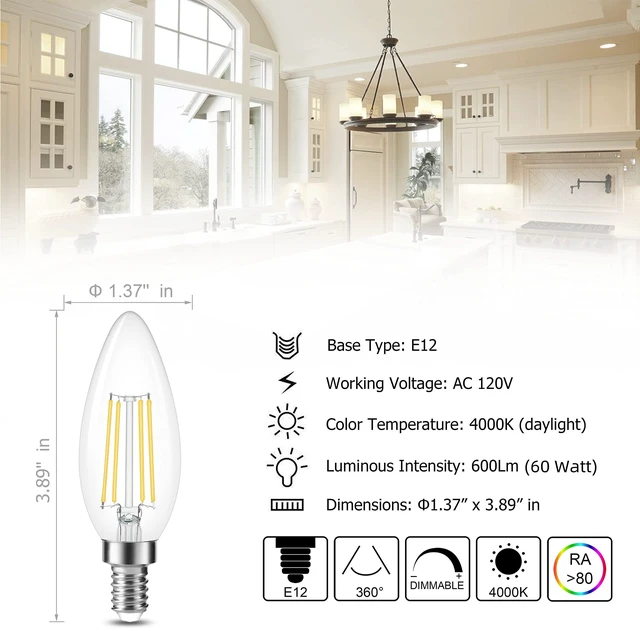 Alt view image 3 of 7 - 8 Pack Dimmable E12 LED Candelabra Bulb 4000K Natural Daylight 60W 600LM, CRI 85+, AC 120V, Type B Bulb for Chandeliers, Ceiling Fans, Clear Glass Candle Shape, Vintage Filament