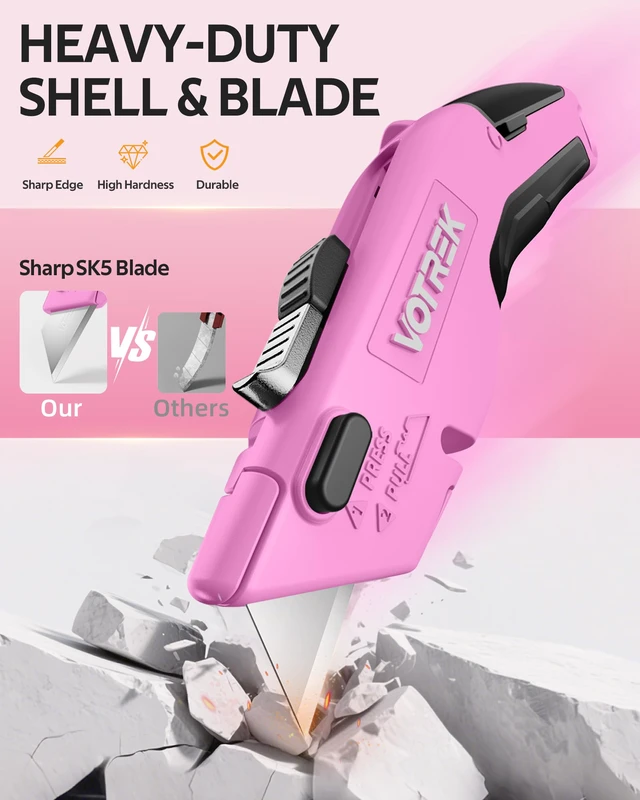 Alt view image 5 of 7 - ® Box Cutter Utility Knife, 2-in-1 Safety Retractable Box Cutter for Women, Quick Change Razor Knife for Home, Office & DIY, Blade Storage Design, with Extra Sharp Razor & Hook Blades (Pink)