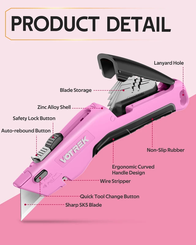 Alt view image 6 of 7 - ® Box Cutter Utility Knife, 2-in-1 Safety Retractable Box Cutter for Women, Quick Change Razor Knife for Home, Office & DIY, Blade Storage Design, with Extra Sharp Razor & Hook Blades (Pink)