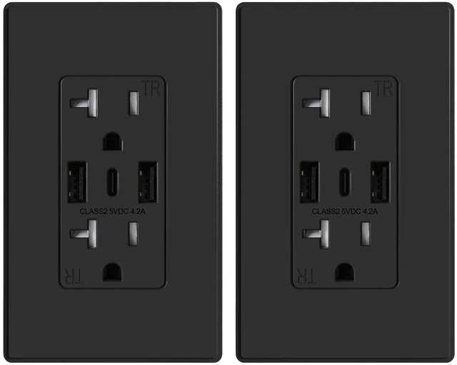 Main image of USB-C Wall Outlets - Matte Black, 3-Port 20 Amp TR Tamper-Resistant Outlets with USB-C Ports, Screwless Wall Plate Included, UL & CUL Listed, 2 Pack