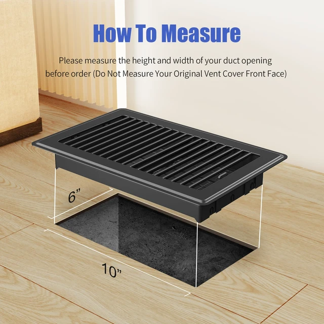 Alt view image 2 of 7 - Floor Register 6x10, Black Heavy Duty Steel Vent Covers for Home Floor 4 Pack Floor Vent Covers, Fits 6x10 or 10x6 Duct Opening, Adjustable Airflow, HVAC Vents for Bedrooms & Living Rooms