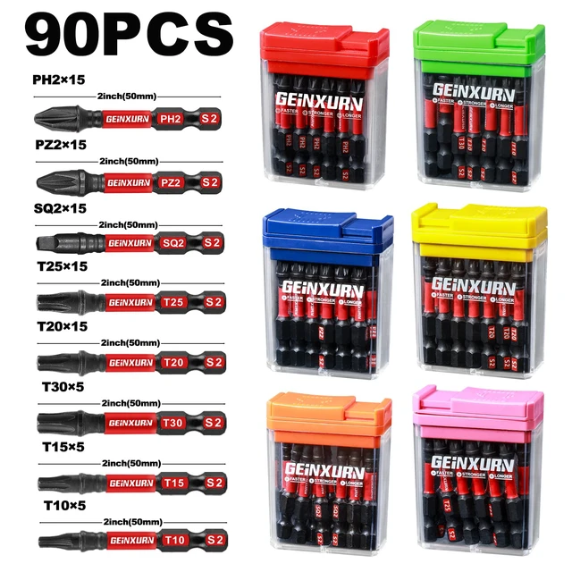 Alt view image 2 of 7 - 90 Pieces Impact Screwdriver Bits Set with Colorful Boxes, 2" Magnetic (PH2,PZ2,SQ2,T10,T15, T20,T25,T30) S2 Steel Multi Driver Bits