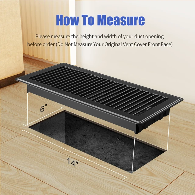 Alt view image 2 of 7 - Floor Register Fits 6x14 or 14x6 Duct Opening, Heavy Duty Steel Floor Vents Wide Adjustable Louvers Floor Vent Covers for Maximum Airflow, Air Register Ideal for Home & Large Spaces, Black, 4 Pack