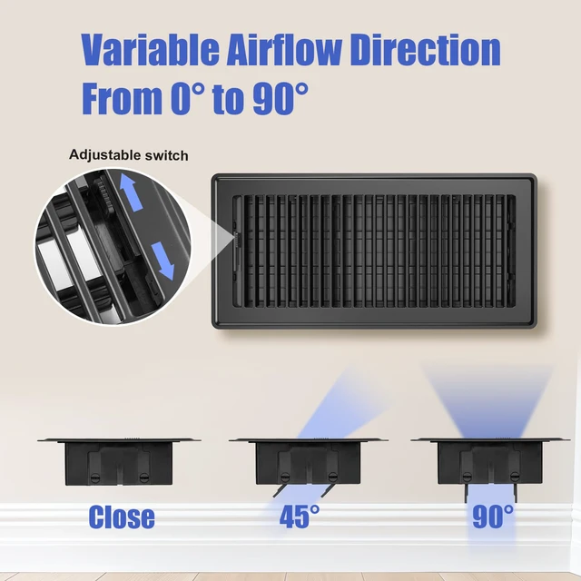 Alt view image 4 of 7 - Floor Register Fits 6x14 or 14x6 Duct Opening, Heavy Duty Steel Floor Vents Wide Adjustable Louvers Floor Vent Covers for Maximum Airflow, Air Register Ideal for Home & Large Spaces, Black, 4 Pack
