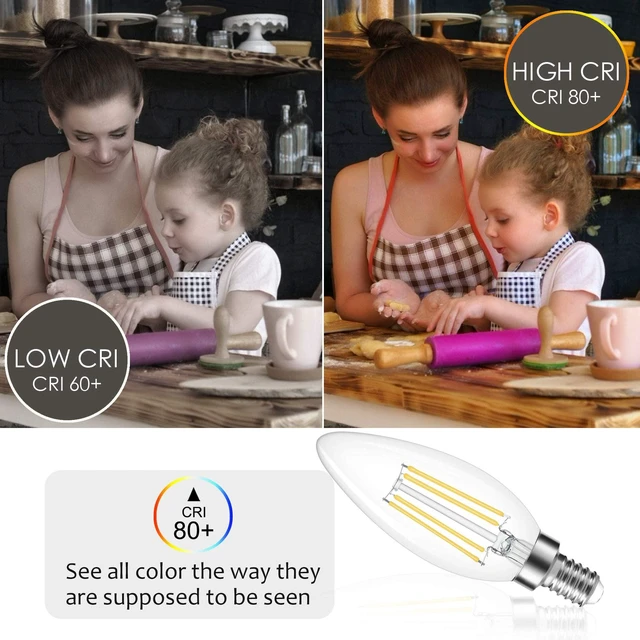 Alt view image 5 of 7 - 8 Pack Dimmable E12 LED Candelabra Bulb 4000K Natural Daylight 60W 600LM, CRI 85+, AC 120V, Type B Bulb for Chandeliers, Ceiling Fans, Clear Glass Candle Shape, Vintage Filament