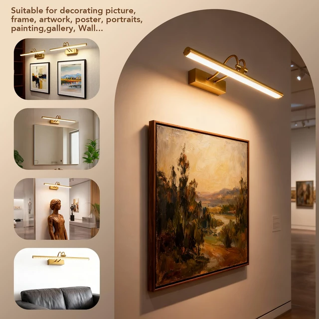 Alt view image 4 of 7 - Picture Lights for Wall,5000mAh Wireless Wall Light,16" Art Light,Brass Rechargeable Picture Lights,Remote Timer and Dimmer Gallery Light for Painting,Room Decor