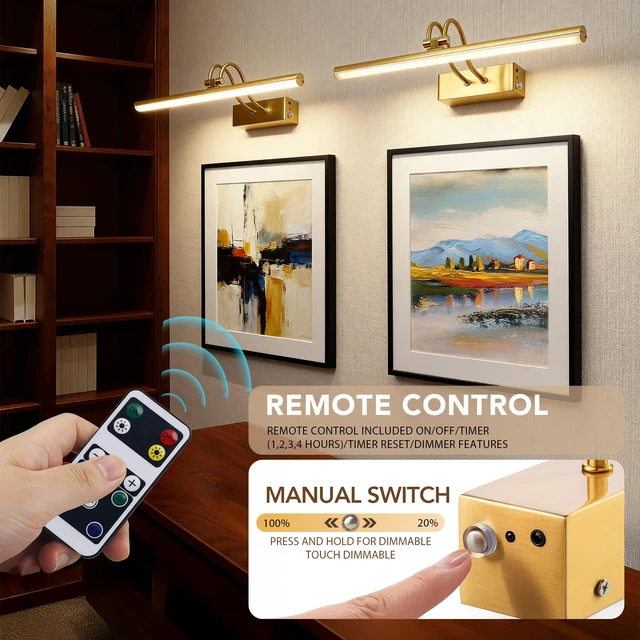 Alt view image 7 of 7 - Picture Lights for Wall,5000mAh Wireless Wall Light,16" Art Light,Brass Rechargeable Picture Lights,Remote Timer and Dimmer Gallery Light for Painting,Room Decor