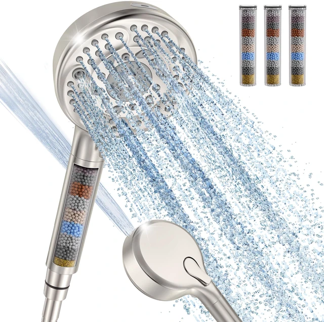 Main image of Filtered Shower Head with Handheld,9-Spray Setting Detachable Shower Head with 4 Filters for Hard Water - Filter Chlorine, Improve Skin and Hair Texture (4 Filters, Brushed Nickel)