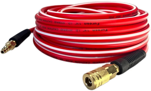 Main image of Air Hose 1/4 in x 100 ft, Heavy Duty, Lightweight, Kink Resistant, Hybrid Air Compressor Hose with 1/4 in Solid Brass Male Fittings, Bend Restrictors, 300 PSI(100FT, Red White)
