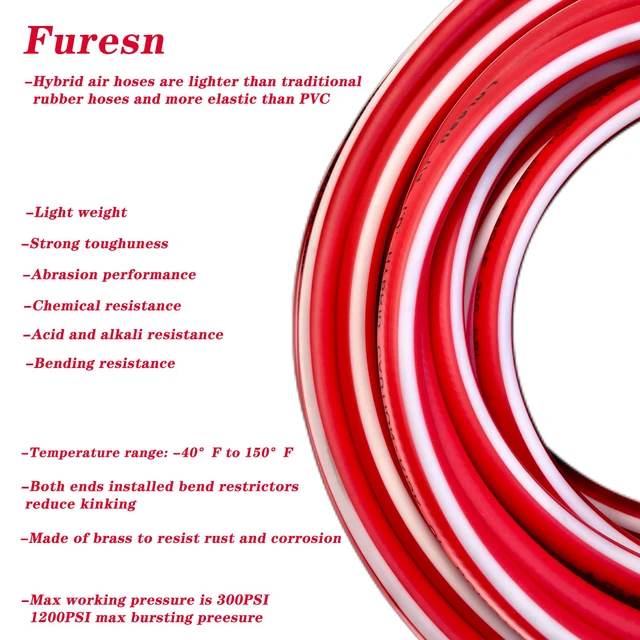Alt view image 2 of 6 - Air Hose 1/4 in x 100 ft, Heavy Duty, Lightweight, Kink Resistant, Hybrid Air Compressor Hose with 1/4 in Solid Brass Male Fittings, Bend Restrictors, 300 PSI(100FT, Red White)