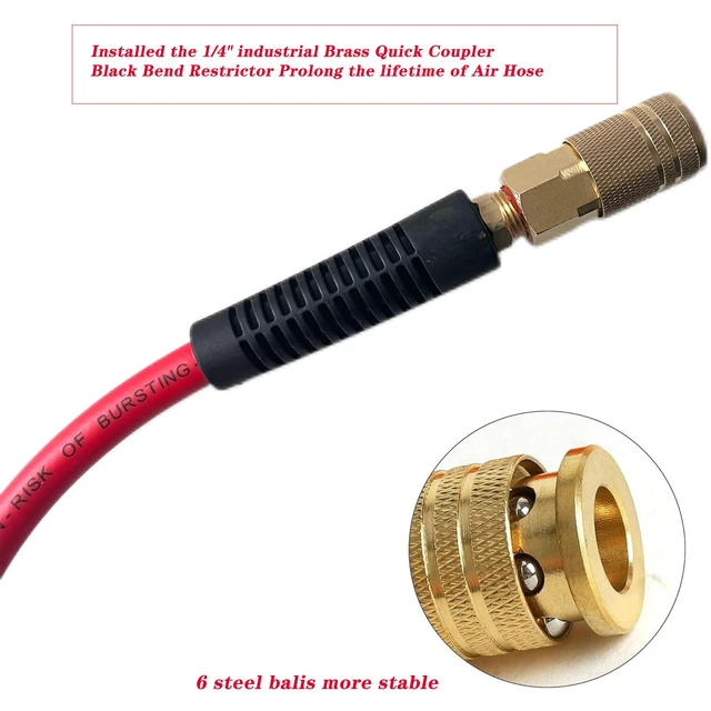 Alt view image 3 of 6 - Air Hose 1/4 in x 100 ft, Heavy Duty, Lightweight, Kink Resistant, Hybrid Air Compressor Hose with 1/4 in Solid Brass Male Fittings, Bend Restrictors, 300 PSI(100FT, Red White)