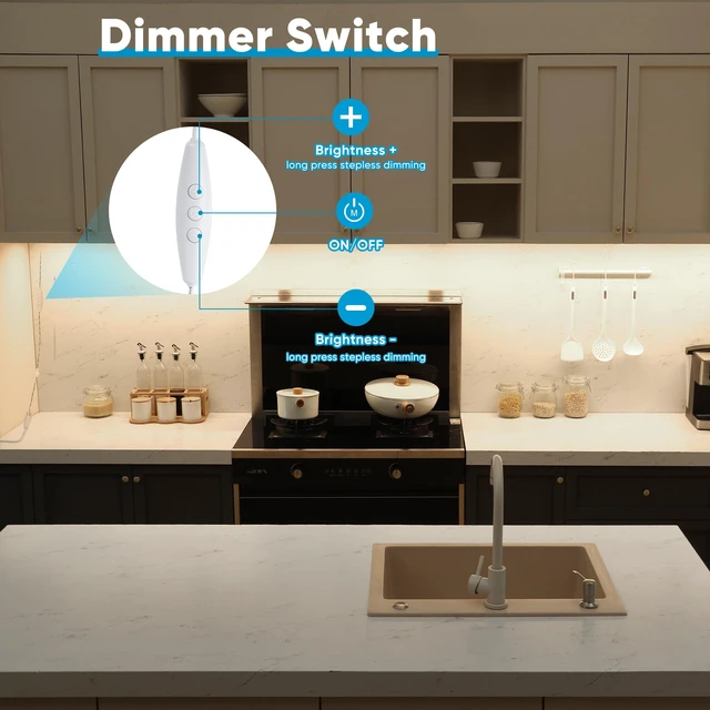 Alt view image 7 of 7 - Under Cabinet Lights Plug in. 6 Lights with Adapter Dimmer. 4000K 6x12 Inch LED Light Strips. Super Bright Dimmable Extendable for Kitchen Counter Top Shelf Workbench Closet Display