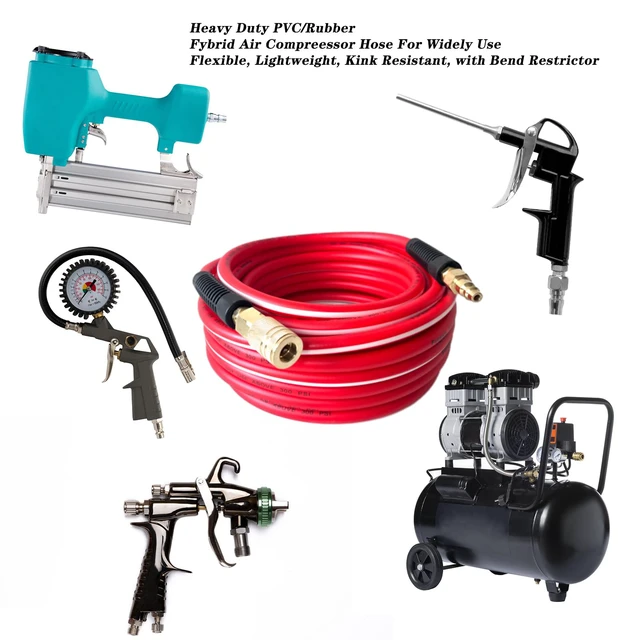 Alt view image 6 of 6 - Air Hose 1/4 in x 100 ft, Heavy Duty, Lightweight, Kink Resistant, Hybrid Air Compressor Hose with 1/4 in Solid Brass Male Fittings, Bend Restrictors, 300 PSI(100FT, Red White)
