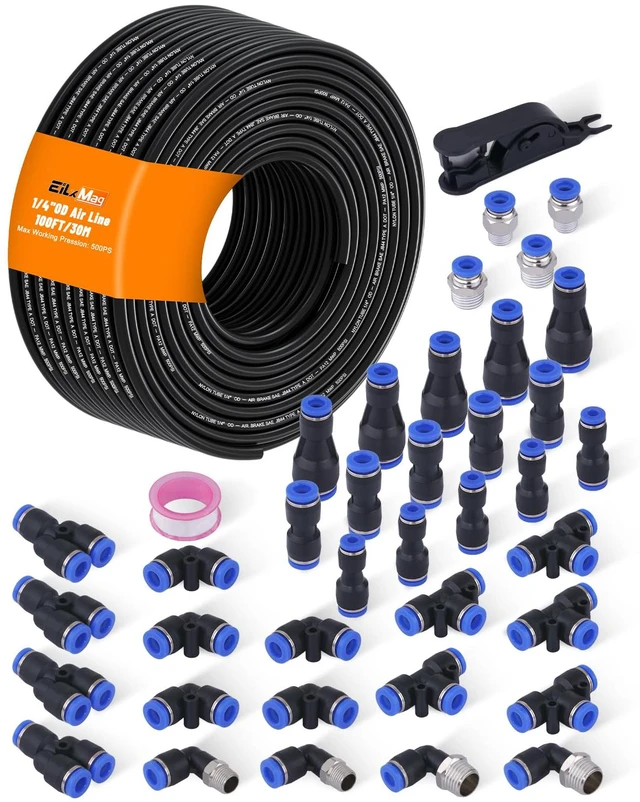 Main image of 1/4" Air Line Tubing Kit, 100FT SAE J844 PA Nylon Air Hose Tubing Comes with Cutter and Teflon Tape, 1/4" Air Hose with Push to Connect Fittings for Air Brake System Or Fluid Transfer(40PCS)