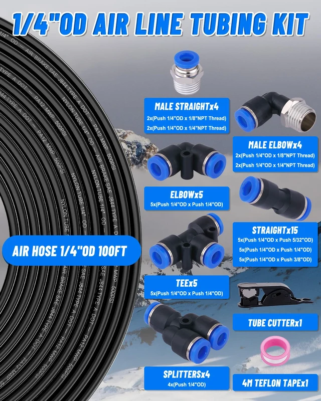 Alt view image 2 of 7 - 1/4" Air Line Tubing Kit, 100FT SAE J844 PA Nylon Air Hose Tubing Comes with Cutter and Teflon Tape, 1/4" Air Hose with Push to Connect Fittings for Air Brake System Or Fluid Transfer(40PCS)