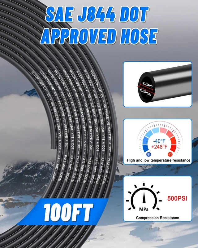 Alt view image 4 of 7 - 1/4" Air Line Tubing Kit, 100FT SAE J844 PA Nylon Air Hose Tubing Comes with Cutter and Teflon Tape, 1/4" Air Hose with Push to Connect Fittings for Air Brake System Or Fluid Transfer(40PCS)