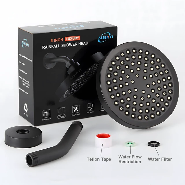 Alt view image 3 of 6 - 6" Rain Shower Head & 6" Shower Arm, Luxury Matte Black Finish High Pressure 6 Inch Fixed Showerhead, Adjustable Replacement, 90 Nozzles, Removable Restrictor, Tool-Free Easy to Install