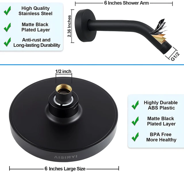 Alt view image 5 of 6 - 6" Rain Shower Head & 6" Shower Arm, Luxury Matte Black Finish High Pressure 6 Inch Fixed Showerhead, Adjustable Replacement, 90 Nozzles, Removable Restrictor, Tool-Free Easy to Install