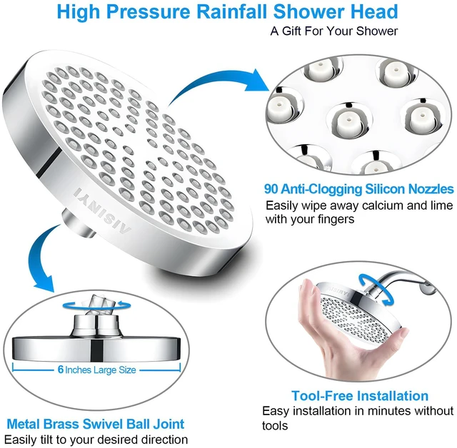 Alt view image 3 of 6 - 6" High Pressure Rain Shower Head, Luxury Polished Chrome Finish 6 Inch Fixed Bathroom Showerhead, Adjustable Replacement, 90 Anti-Clog Nozzles, Removable Restrictor, Tool-Free Easy Install