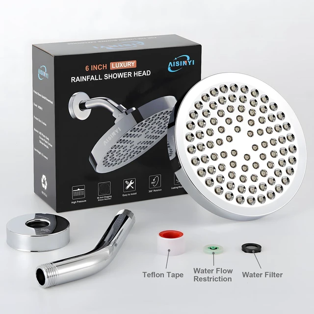Alt view image 3 of 6 - 6" Rain Shower Head & 6" Shower Arm, Luxury Polished Chrome Finish High Pressure 6 Inch Fixed Showerhead, Adjustable Replacement, 90 Nozzles, Removable Restrictor, Tool-Free Easy to Install
