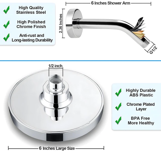 Alt view image 5 of 6 - 6" Rain Shower Head & 6" Shower Arm, Luxury Polished Chrome Finish High Pressure 6 Inch Fixed Showerhead, Adjustable Replacement, 90 Nozzles, Removable Restrictor, Tool-Free Easy to Install